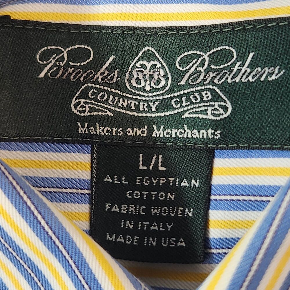 Brooks Brothers Country Club Mens L Egyptian Cotton Blue Yellow Stripe Button Up